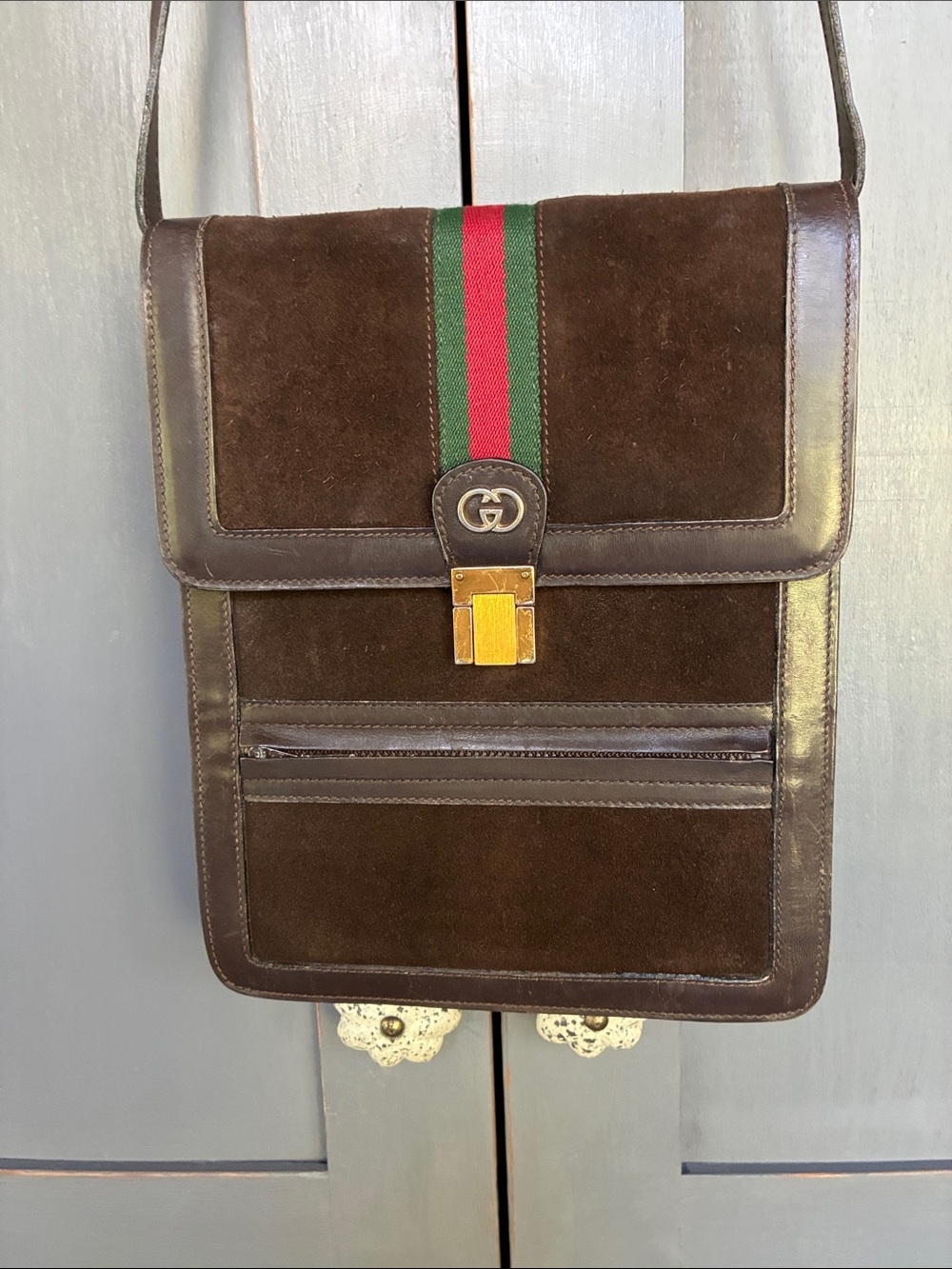 Gucci Brown Suede Messenger Bag with Green-Red Web Stripe